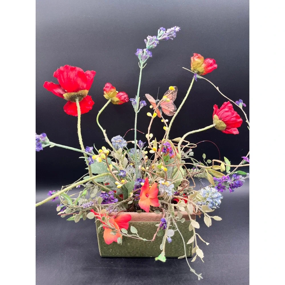 Flower Arrangement Greenery‎ Poppies Lavender Butterfly Rustic Green Ceramic Pot